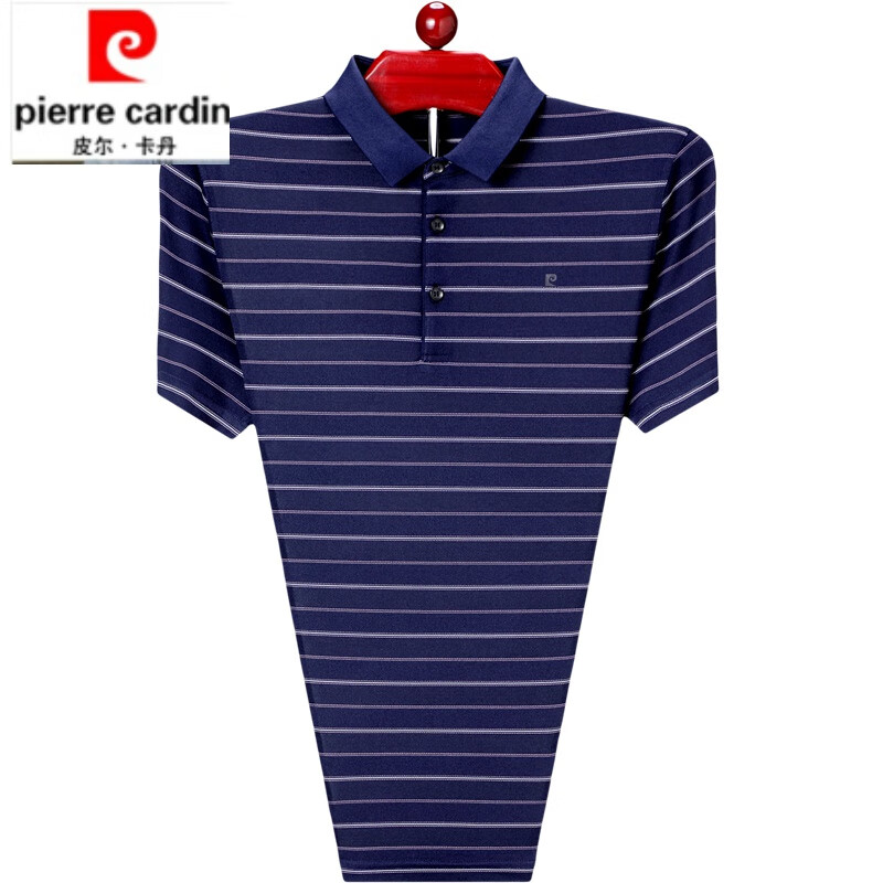 皮尔卡丹短袖t恤男高端中年男士夏季条纹真丝上衣夏季桑蚕丝休闲polo