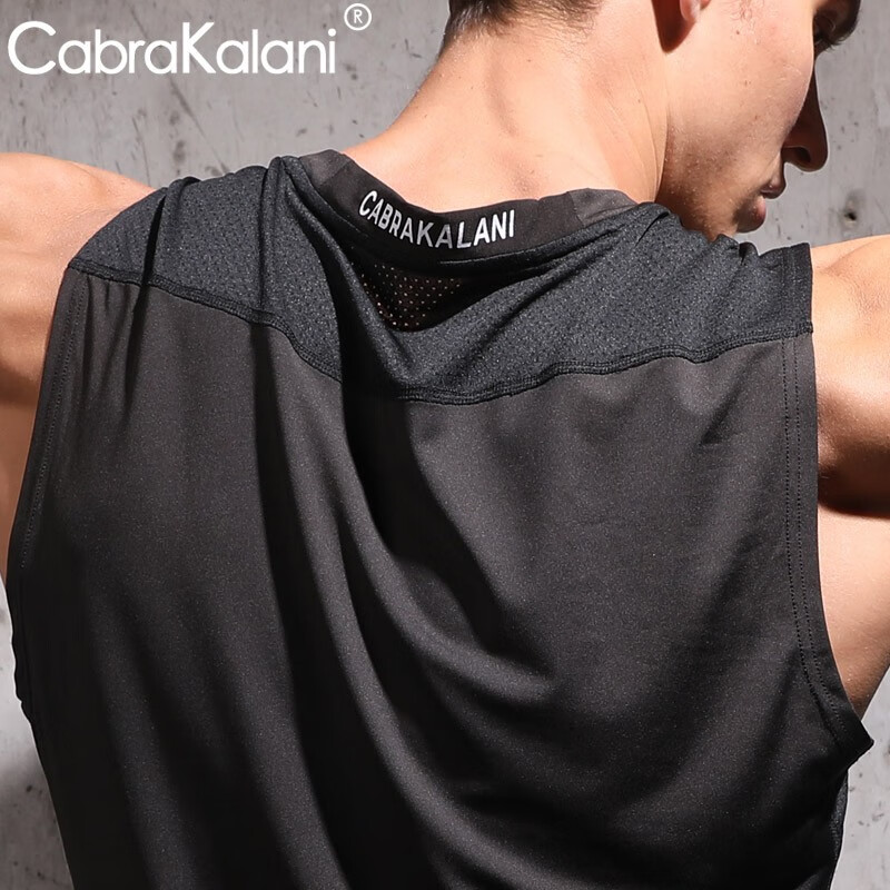 CabraKalani男士背心男运动莱卡棉舒适紧身无袖薄款纯色休闲夏季透气健身潮男 黑青 L