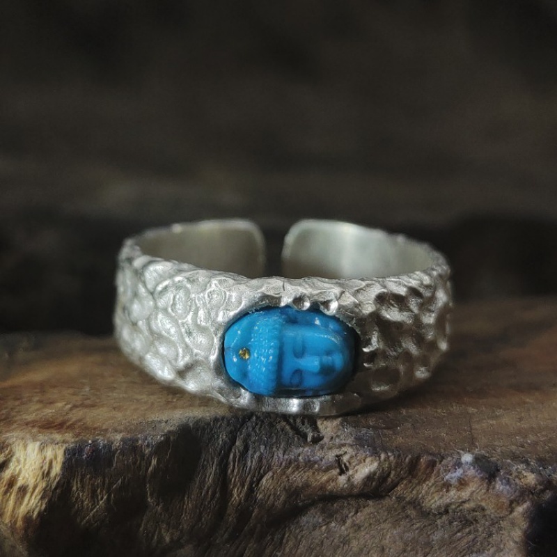 佩曼 绿松石戒指原创设计雕刻活口宝石银原矿男女 1