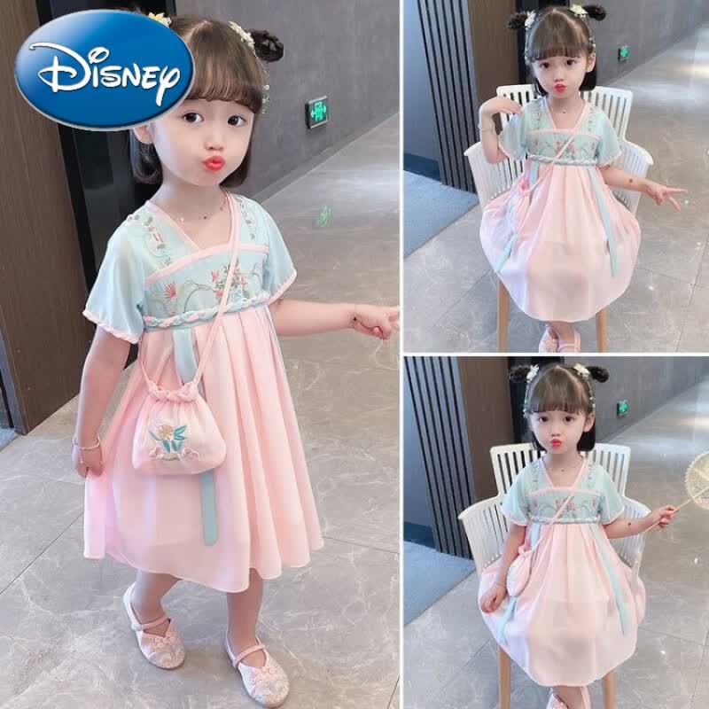 迪士尼（Disney）汉服女童连衣裙夏季薄款短袖唐装宝宝超仙中国风儿童夏装古装襦裙 三色汉服  粉色  + 小挎包 头花  100属于什么档次？