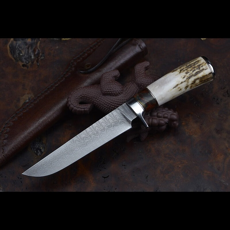 雨轩户外 锻造水波纹大马士革钢刀手工制作鹿角护手高硬度户外随身