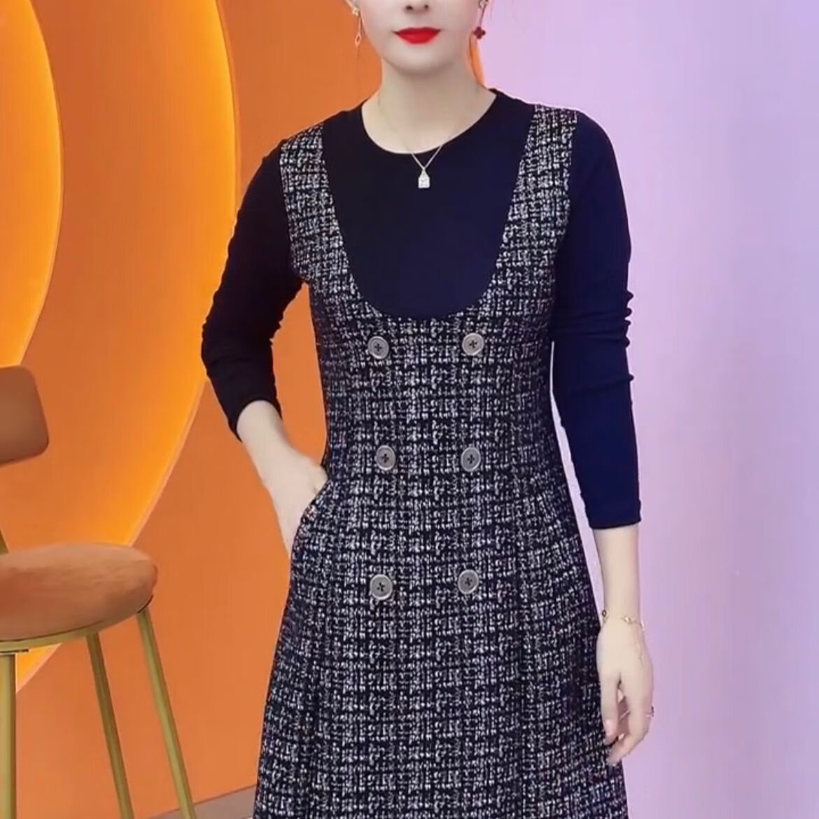 知特夏天连衣裙40岁左右小个子拼接格子假两件年轻收腰显瘦a字 黑色