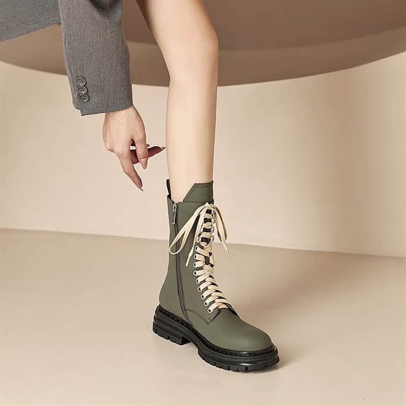 迪芙熙女士靴子中长纯色平底高帮马丁女靴秋冬中长筒设计显瘦百搭靴子