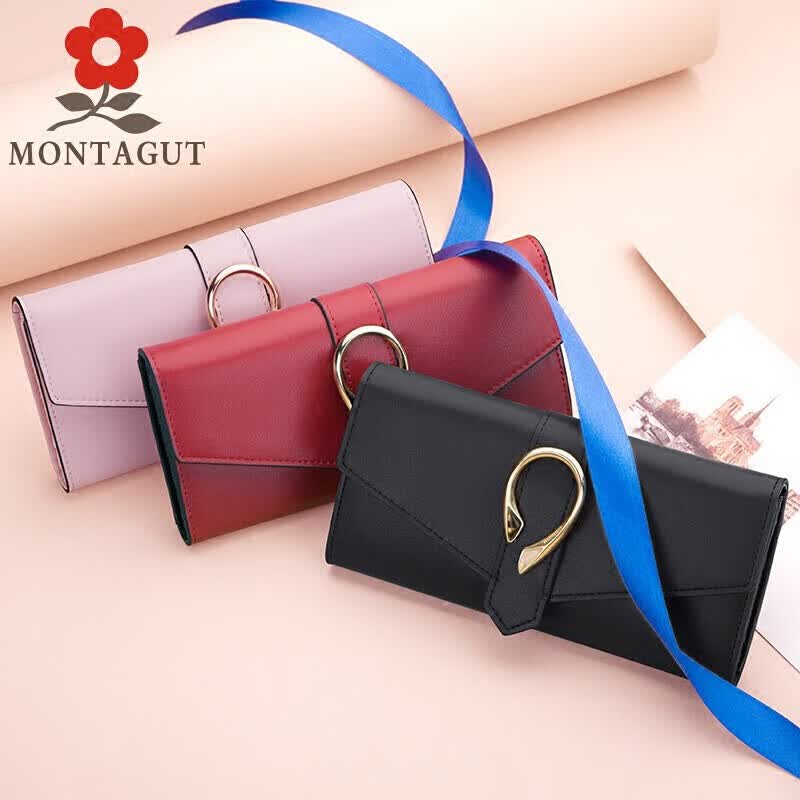梦特娇MONTAGUT女士钱包长款时尚搭扣牛皮手拿包三折大容量多卡位钱夹 潮流款黑色