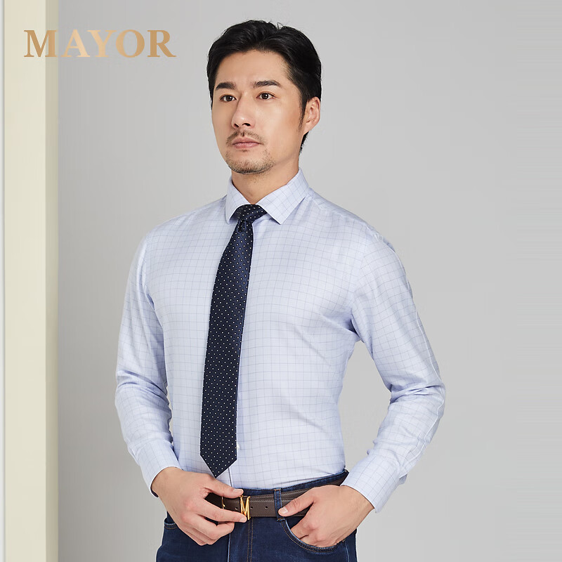 MAYOR男装 ALUMO全棉免烫商务蓝色格子长袖衬衫 蓝色 3XL 180/104A