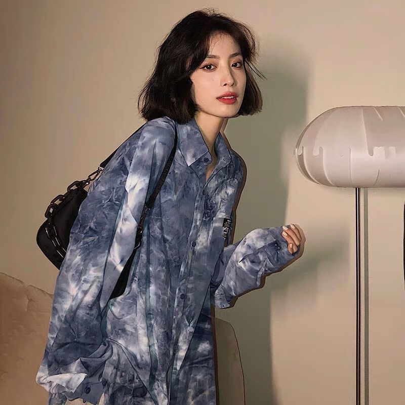 长1袖很仙的外套扎染衬衫男蓝粉色新款宽松复古个性港风衬衣b 蓝色 单