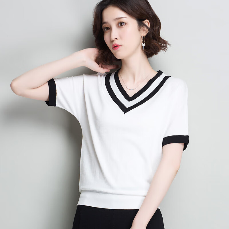 香影芬短袖t恤女鸡心v领冰丝针织宽松上衣t恤女装夏装新款 白色 l