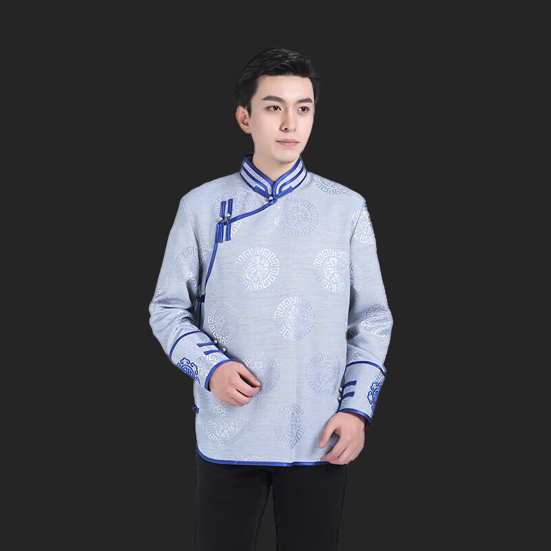 族服装男夏装短款上衣蒙餐工作服蒙古素日常生活装少数民族服 银灰色