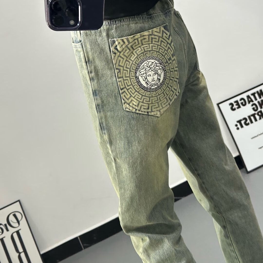 羽汐恋瓦萨琪牛仔裤男新款复古抽绳百搭学生流网红修身九分 黄泥色 m