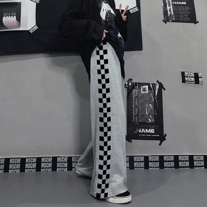 黑白格拼接高腰宽松百搭阔腿运动裤直筒休闲裤男女潮流 灰色格子裤 s