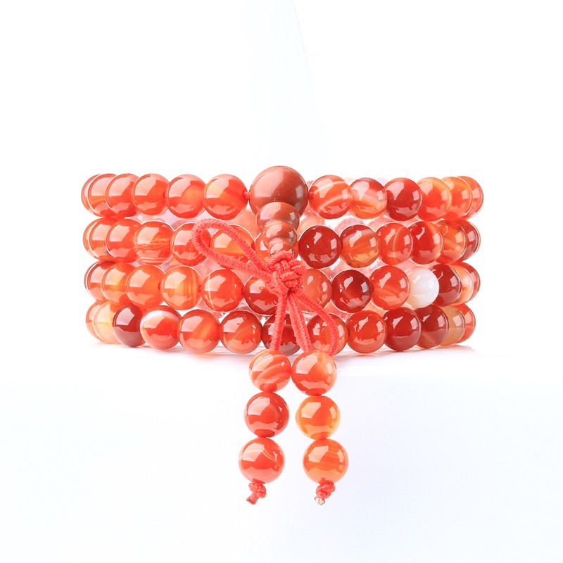 灵气水晶 天然红玛瑙手链 红蚕石手链 108多圈佛珠手链送珠宝鉴定证书
