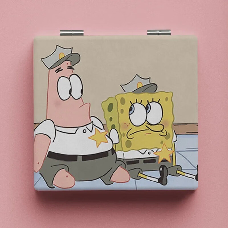 卡通海绵宝宝双面镜 pu皮面少女心学生随身携带折叠迷你小镜子 嘟嘴