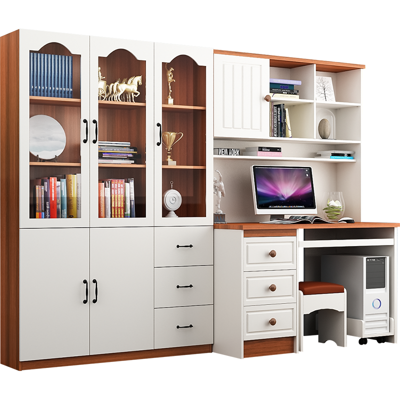 凯帝格 电脑桌书架带书柜台式 办公桌电脑桌书柜书桌组合 简约家用书桌柜家具 1.2米三门书柜+1.2米象牙白电脑桌