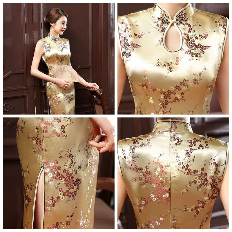 丝潇经典老货织锦缎旗袍中国风复古手工旗袍 创汇时期 梅花长款 无袖