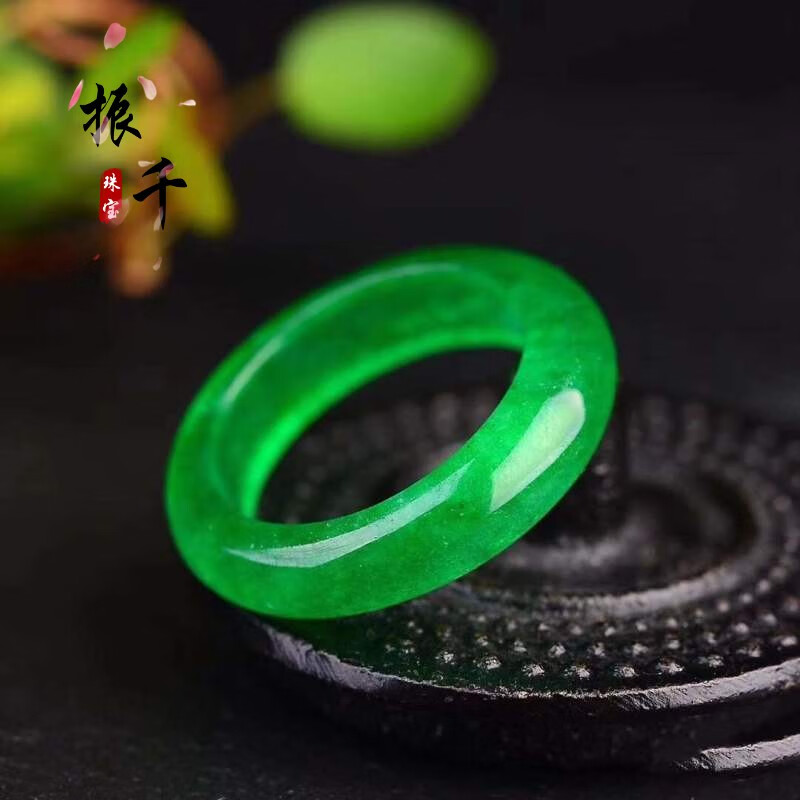 振千缅甸货冰种翡翠满绿戒圈绿阳绿飘花戒指指环男女款证书 14号