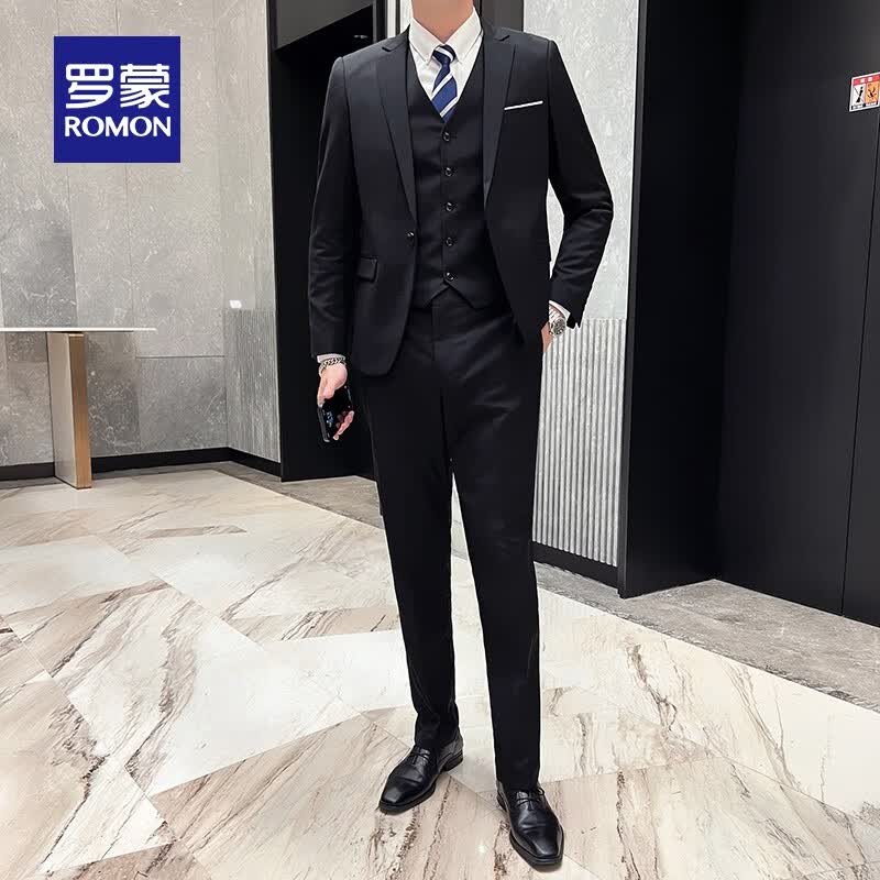 罗蒙西服套装男春季新款商务职业正装结婚服西服马甲三件套男 一粒黑色 XL /175(建议125-140斤)
