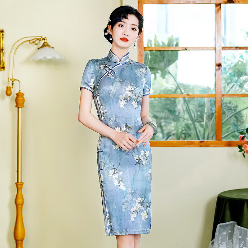 应否真丝旗袍春夏新款改良时尚复古中国风日常短款修身旗袍连衣裙气质