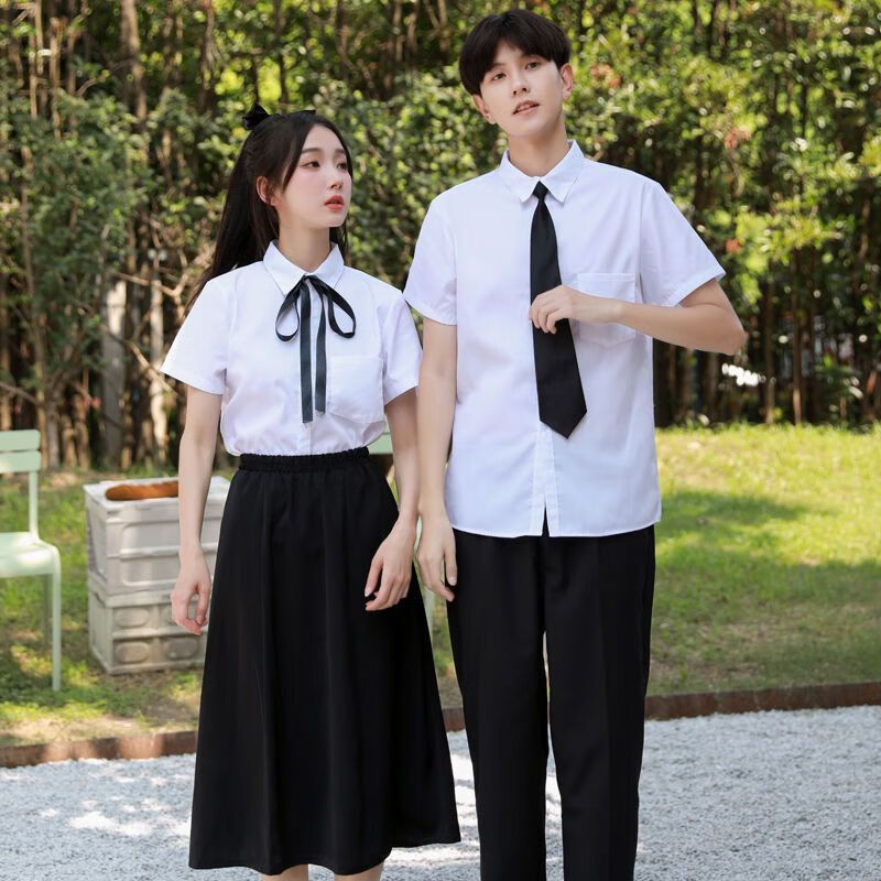 坐悠班服套装学院风高中学生大合唱演出服诗歌朗诵装韩版制服衬衫男 女白长袖+黑长裤+黑丝带 2XL