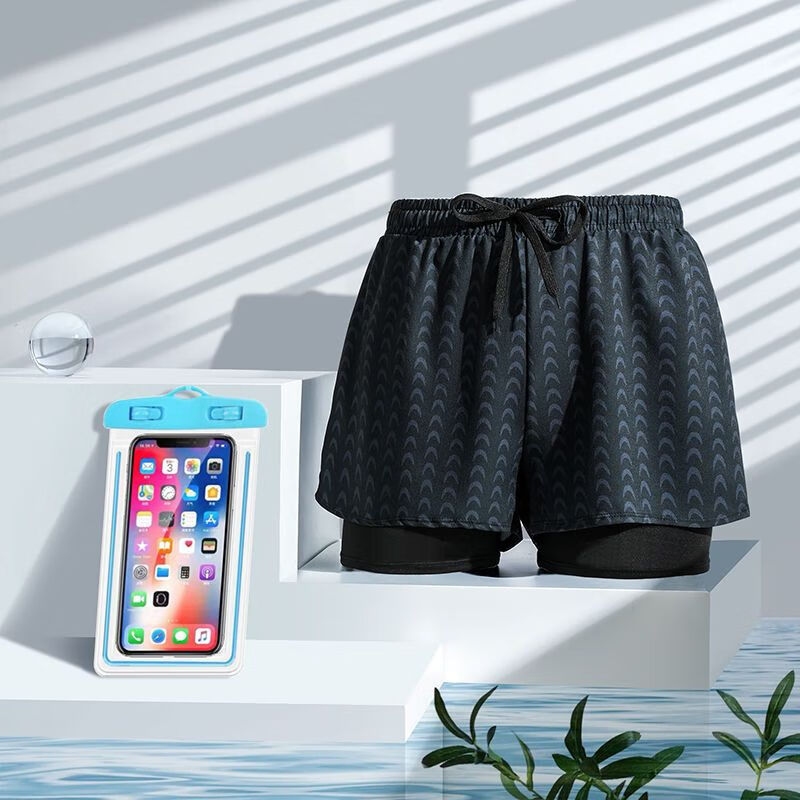 鹿庚男士双层鲨鱼皮纹平角裤沙滩裤游泳裤防尴尬男款 黑色鲨鱼皮 l 【