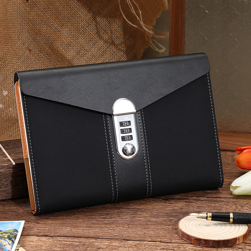 朗捷密码锁笔记本本子手包式密码本带锁日记本高颜值加厚记事本简约笔记本文具礼盒装定制  黑色