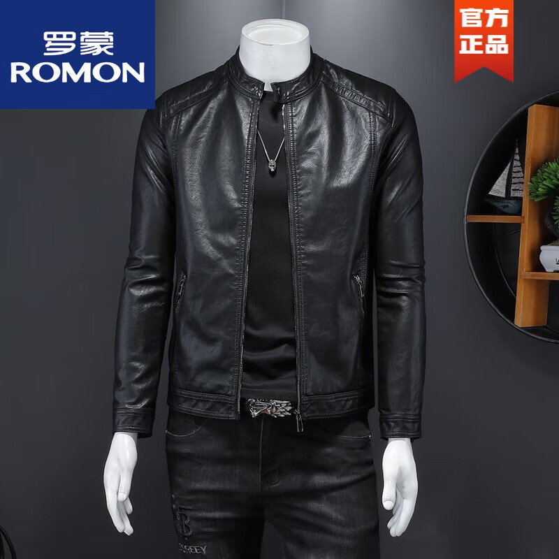 罗蒙（ROMON）漫威毒液机车皮衣男春季新款立领潮流修身简约皮夹克休闲短款外套 黑色 XL