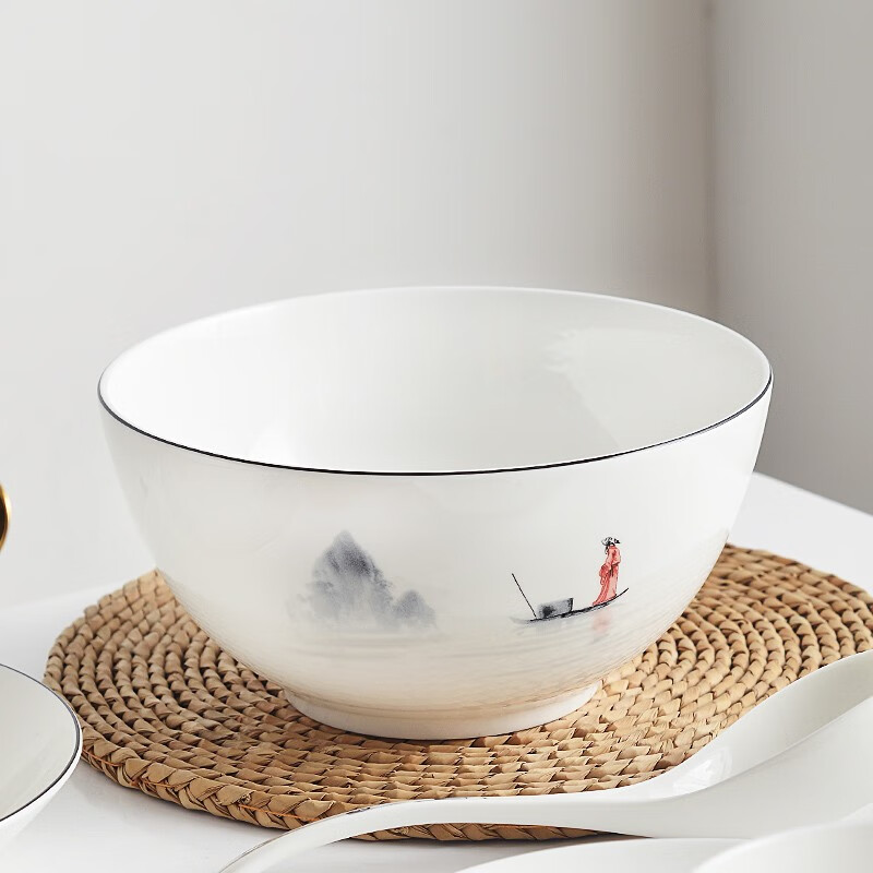 红牡丹 骨瓷餐具碗套装陶瓷碗具大小组合家用米饭碗中式面碗釉中彩汤碗 江山如画8英寸澳碗2个