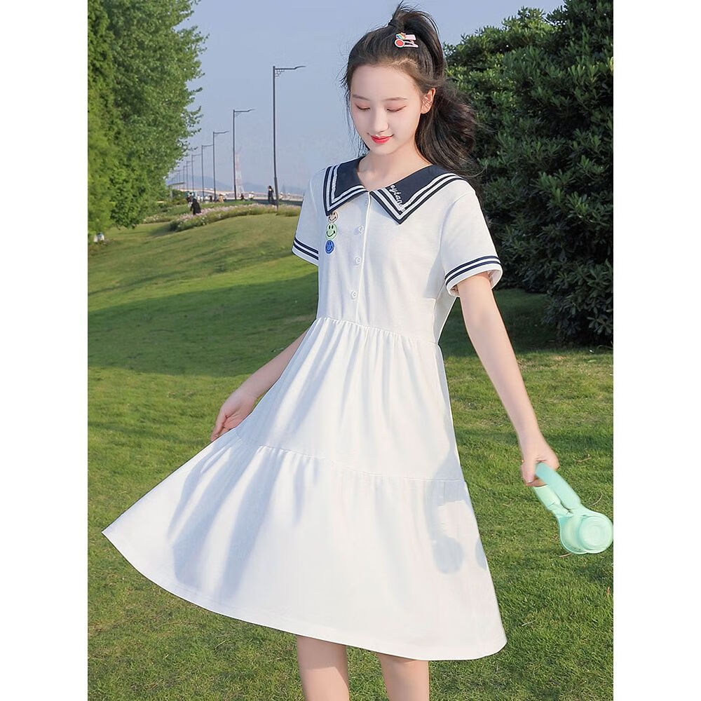 褐舟海軍風(fēng)連衣裙女夏季中學(xué)生連衣裙初中生少女裙子夏季新款海領(lǐng)高中 白色 L