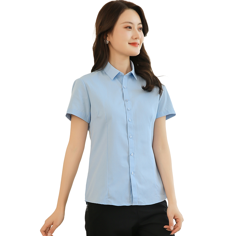 羅蒙棉質(zhì)短袖襯衫女士夏季職業(yè)裝修身商務(wù)打底工裝襯衣面試酒店工作服