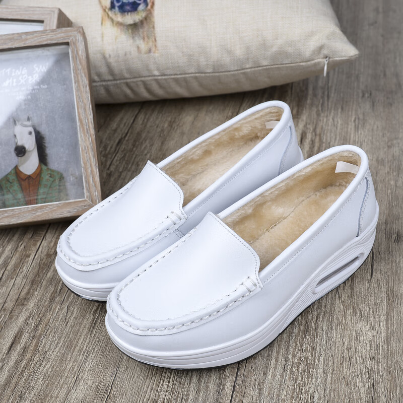 护士鞋冬天白色加绒保暖鞋女韩版厚底坡跟软底医院工作鞋 9000/白棉