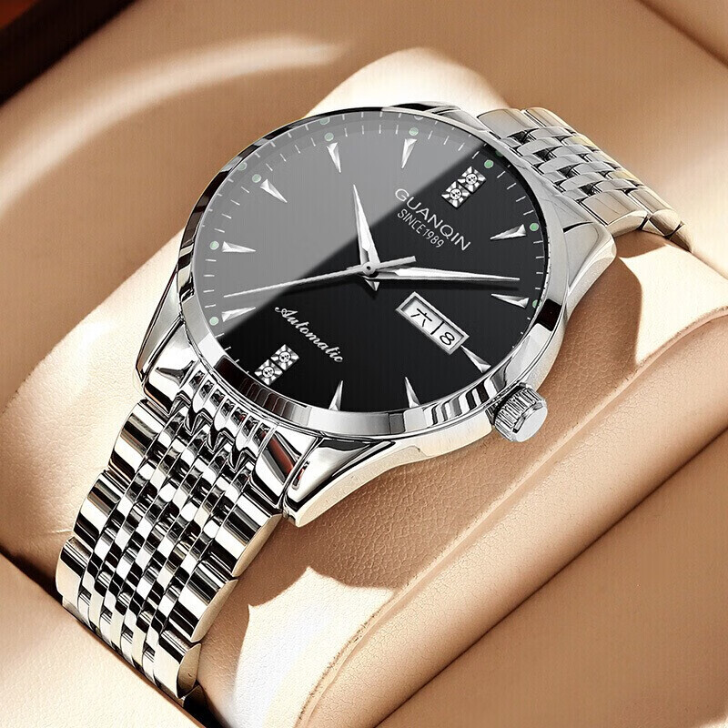 冠琴（GUANQIN） 名表 新款手表男士全自动机械商务休闲防水夜光男表精钢时尚简约 冠琴 16221精钢黑面 免费刻字