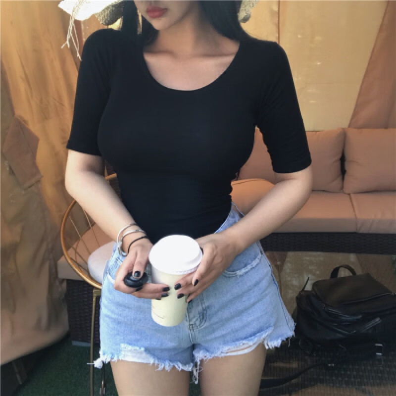 主播直播衣服低胸t恤性感女装上衣夏季修身显胸大紧身五分袖圆领短袖