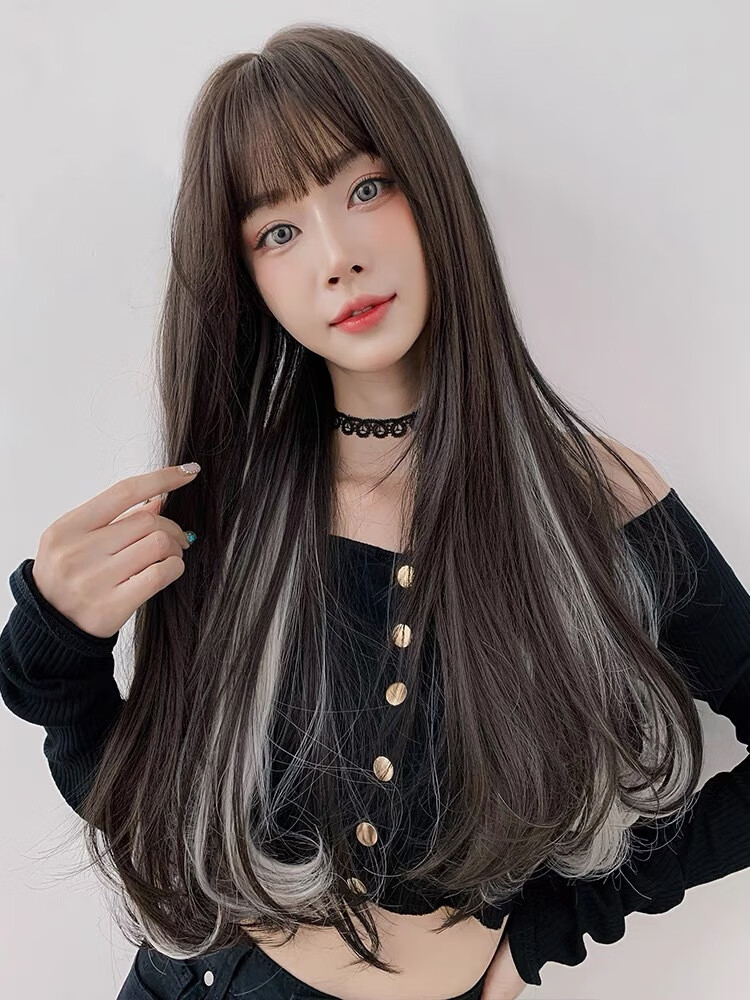 宸芃女长卷发气质挑染长发挂耳染发自然逼真梨花头套 黑茶挂耳白虹色
