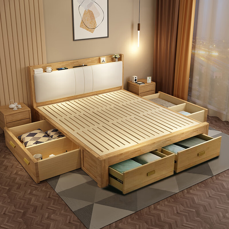 杜沃实木床1.2米单人床轻奢软包橡胶木床北欧夜灯储物箱框抽屉款a106