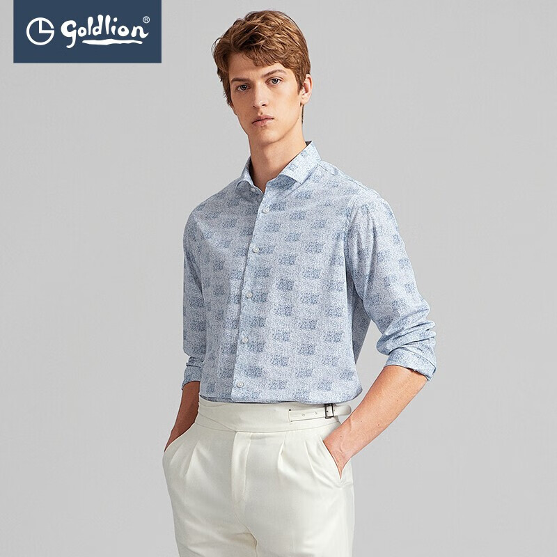 金利来男士亲肤竹纤维圆网印花商务休闲长袖衬衫 宝蓝印花-85 s