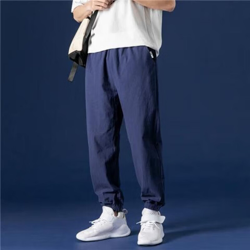 凡摩乔裤子男棉麻宽松束脚裤夏季男士休闲九分裤薄哈伦裤 深蓝色(高