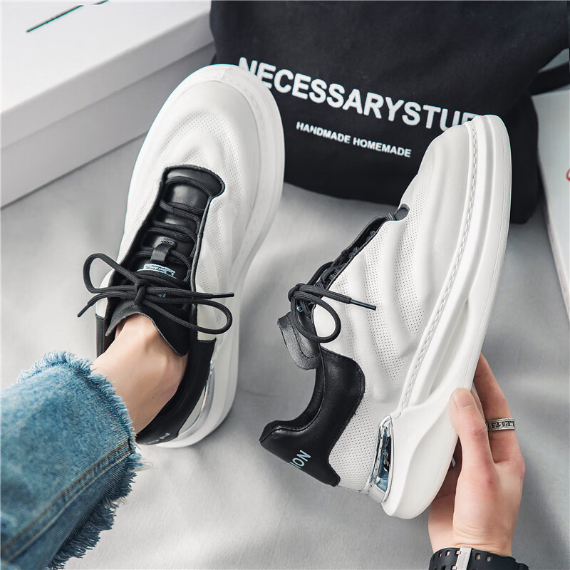 百丽踏春季男鞋新款潮流百搭运动休闲增高板鞋季透气黑色老爹潮鞋 白