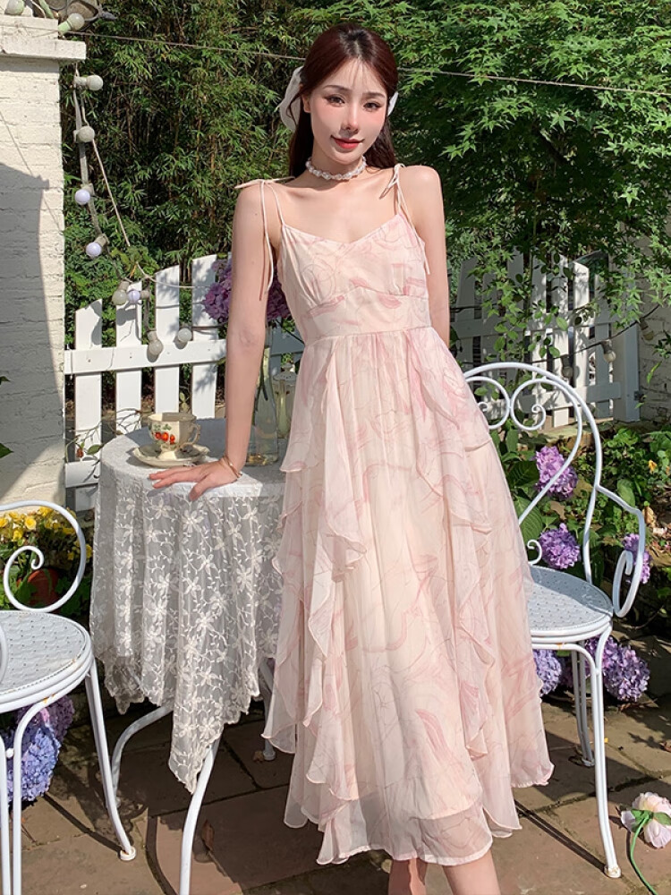 宽绵沙滩裙海边初恋别致吊带连衣裙女夏季法式茶歇仙女公主收腰长裙子