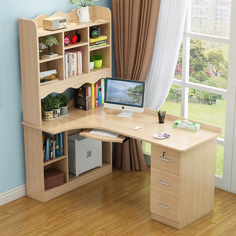 美日见 转角电脑桌台式实木书桌书柜组合一体生态板学习桌写字台带
