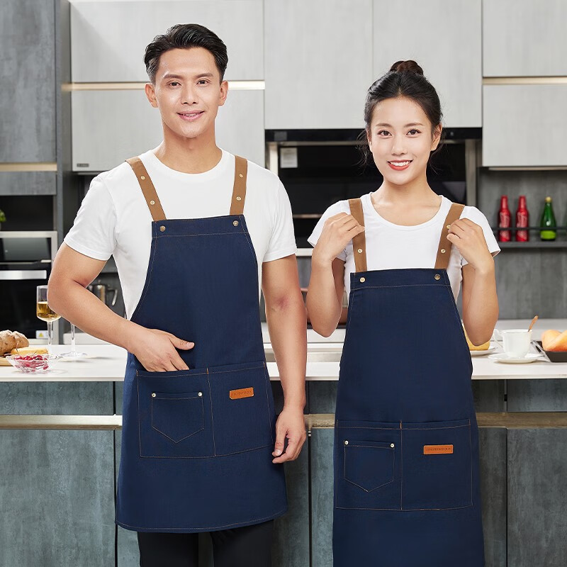 強(qiáng)強(qiáng)衣品防水圍裙家用廚房男士做飯女網(wǎng)紅新款炒菜防油帆布廚師圍腰工作服 深藍(lán)色