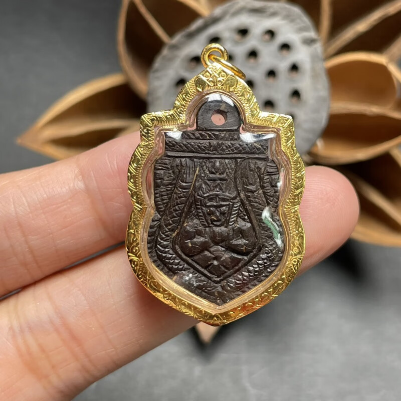 京佳泰国佛牌龙婆绝 拉胡 2530年一期黑版金壳带萨马空卡 原创情侣吊