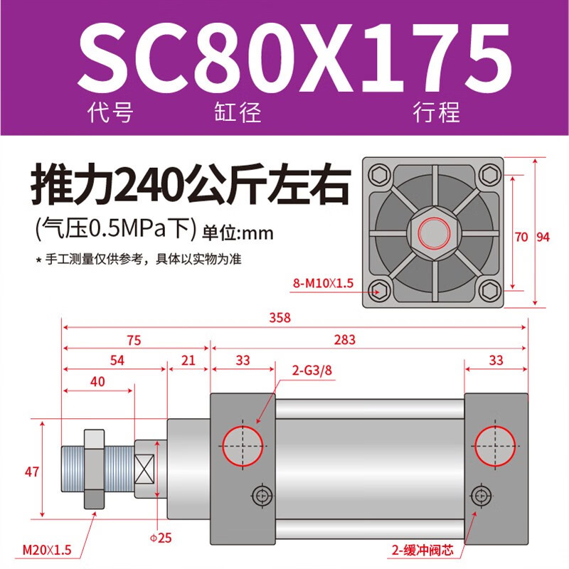 CLCEY氣動螺紋標準氣缸SC80-100-125X5075100125150175200300 SC80X175