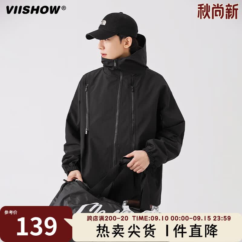 viishow休闲外套男春季新款潮牌美式拉链机能工装上衣夹克 黑色 2XL怎么样,好用不?