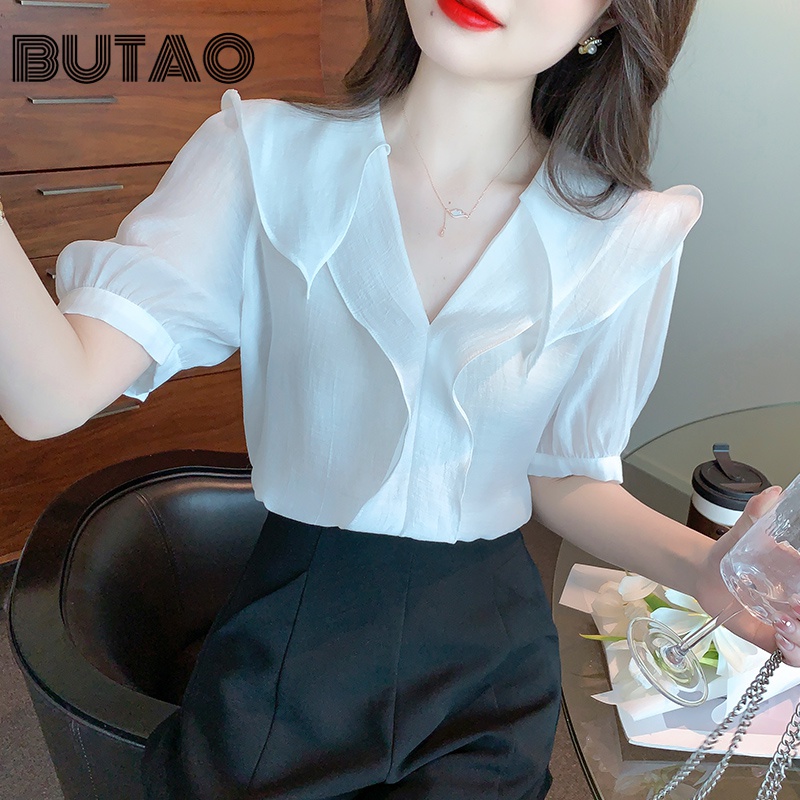 衬衫2022夏季甜美减龄v领荷叶边翻领白色衬衫女短袖很仙的漂亮上衣