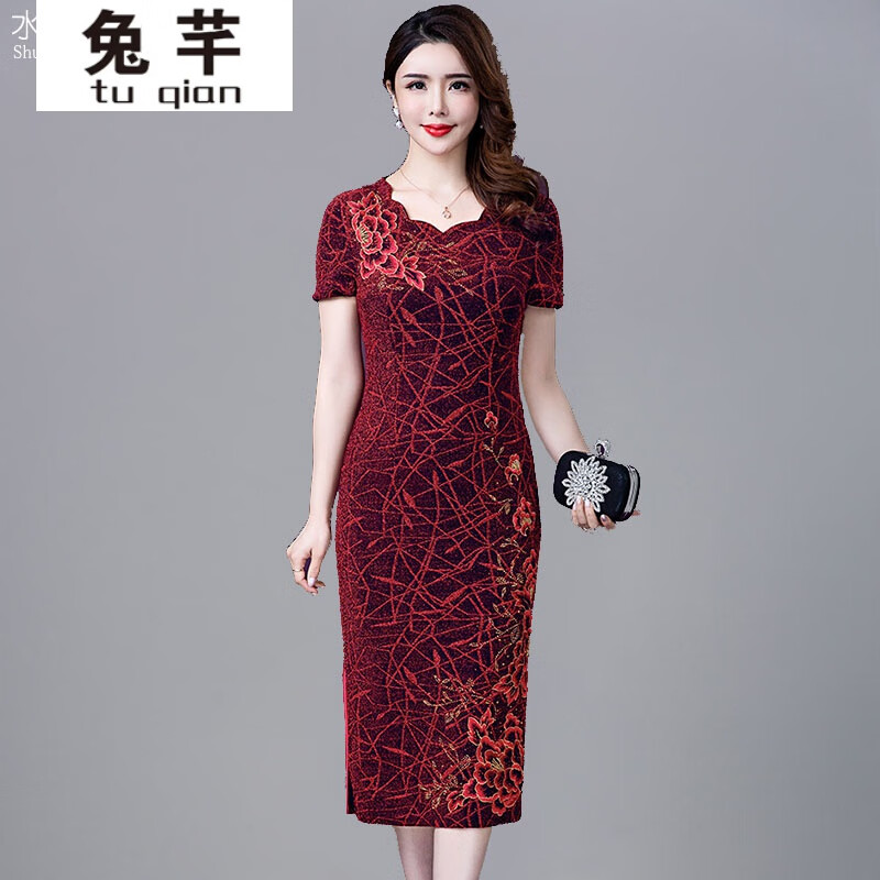 加肥加大夏装旗袍婚庆妈妈连衣裙2020夏季中长款码喜婆婆礼服裙子 酒