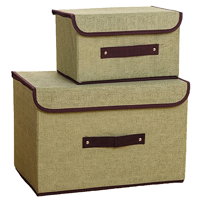 欧丽雅仿麻无纺布杂物收纳箱带盖储物箱可折叠衣物杂物便携防尘收纳盒 绿色套餐大号+小号