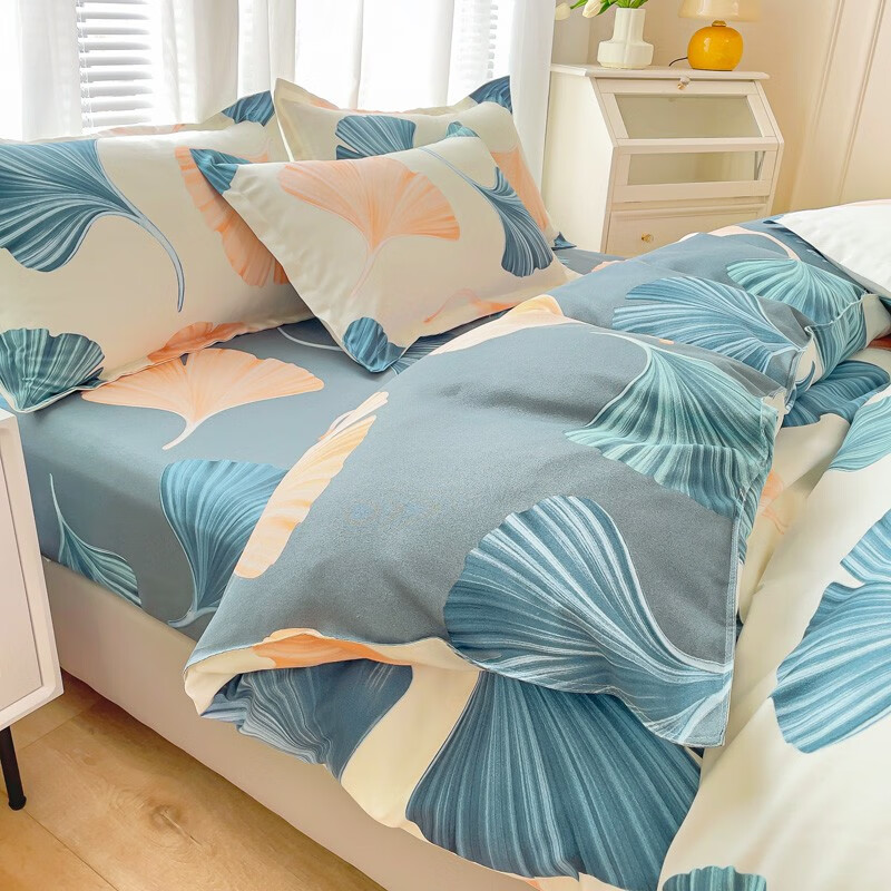 多兰诗(Duolanshi)磨毛四件套 春秋加厚保暖小清新宿舍卡通家用斜纹四件套 银杏花开米 2.0米 床单款 被套200*230 四件套