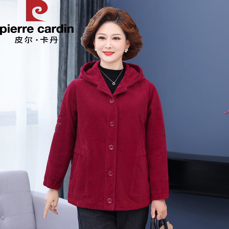 奶奶新款中年妈i妈灯芯绒宽松连帽外套春秋短款夹克纯棉条绒上衣 酒红
