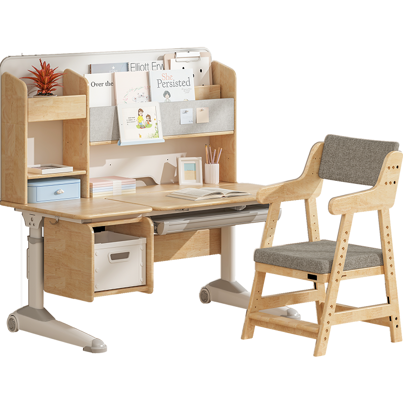 斯芬达 儿童学习桌椅 小学生学习书桌 实木书桌 儿童书桌椅套装 高书架可升降书桌 家用120cm书桌 120cm(乐学者)进口橡胶木+原木色Q4实木椅