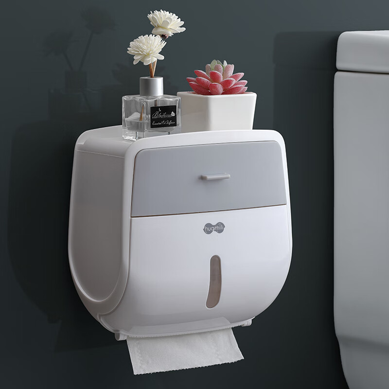 艾思维 卫生间纸巾盒厕所洗手间浴室防水卷纸筒壁挂收纳置物架家用免打孔双层卫生纸盒 北欧灰+白