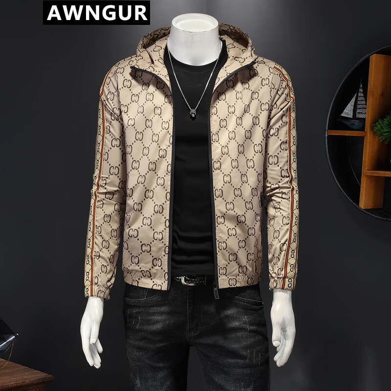 AWNGUR 欧货潮牌春秋装连帽夹克男休闲外套男装韩版潮流修身大码上衣男 卡其色 L